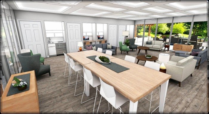 Rendering of a shared common area outside apartment suites, with kitchenette, dining table and lounge seating
