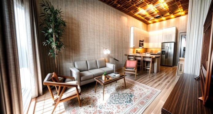 Rendering of a private apartment suite interior with living area and open kitchen