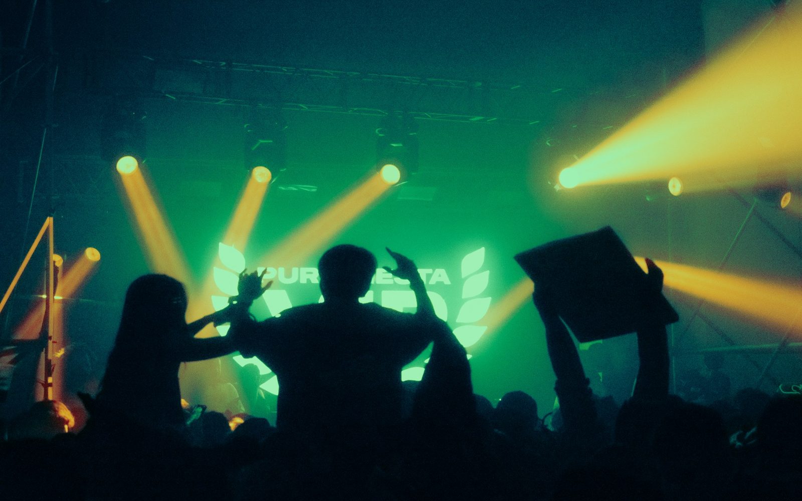 A crowd enjoying a concert under green and gold stage lights